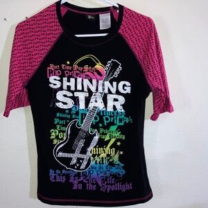 Disney Hannah Montana Shining Star Tee - Pink and Black with Guitar Graphic‎